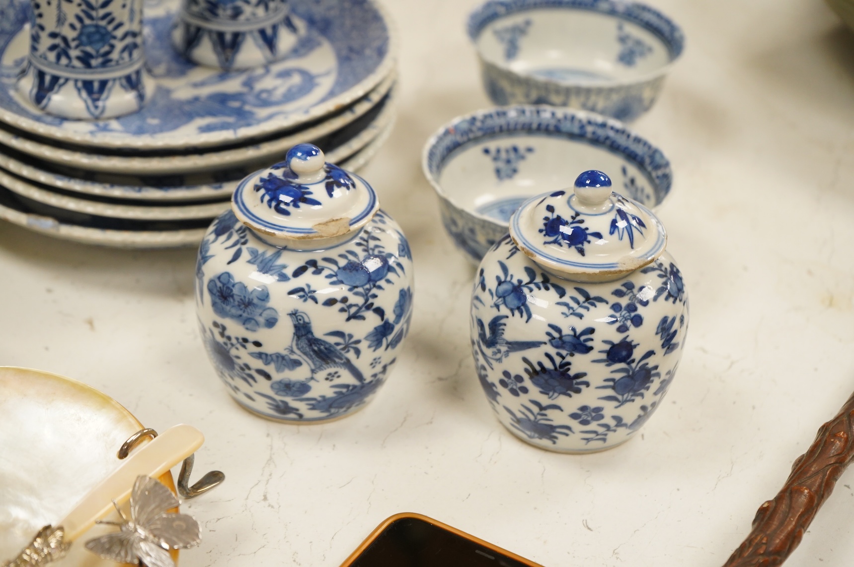 Group of blue and white Chinese porcelain and pottery to include dragon dishes and a pair of fish bowls, together with a pair of tin glazed vases, largest 21cm in diameter